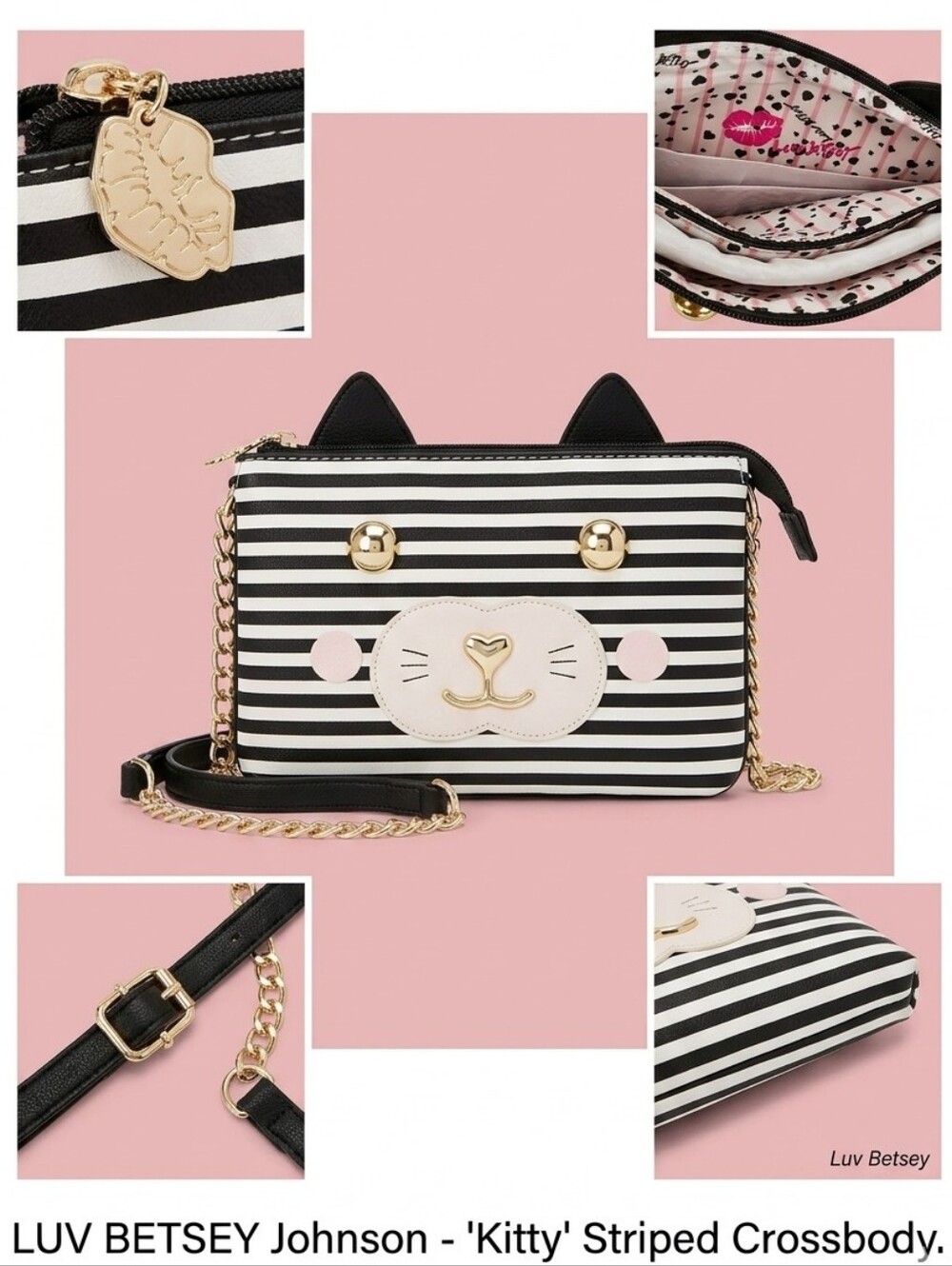 Betsey Johnson Black & White Striped Kitty Crossbody with Gold Hardware